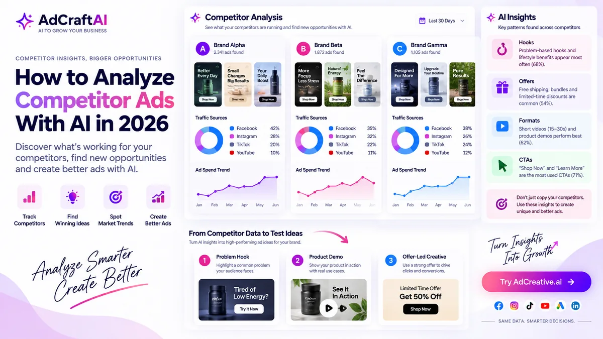 Example of AI competitor ad analysis across multiple brands and creative patterns