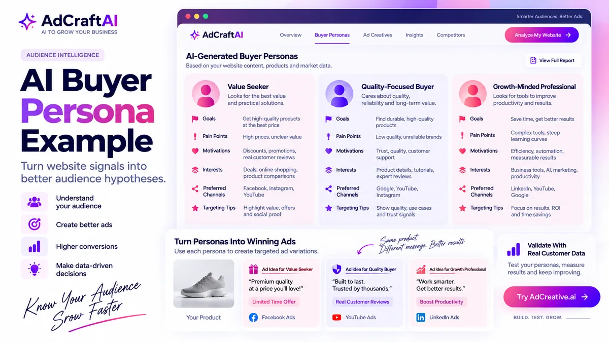 Example of AI-generated buyer personas and persona-specific ad ideas