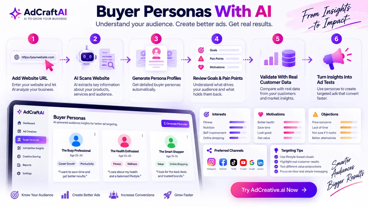 Step-by-step AI buyer persona workflow from website analysis to campaign testing