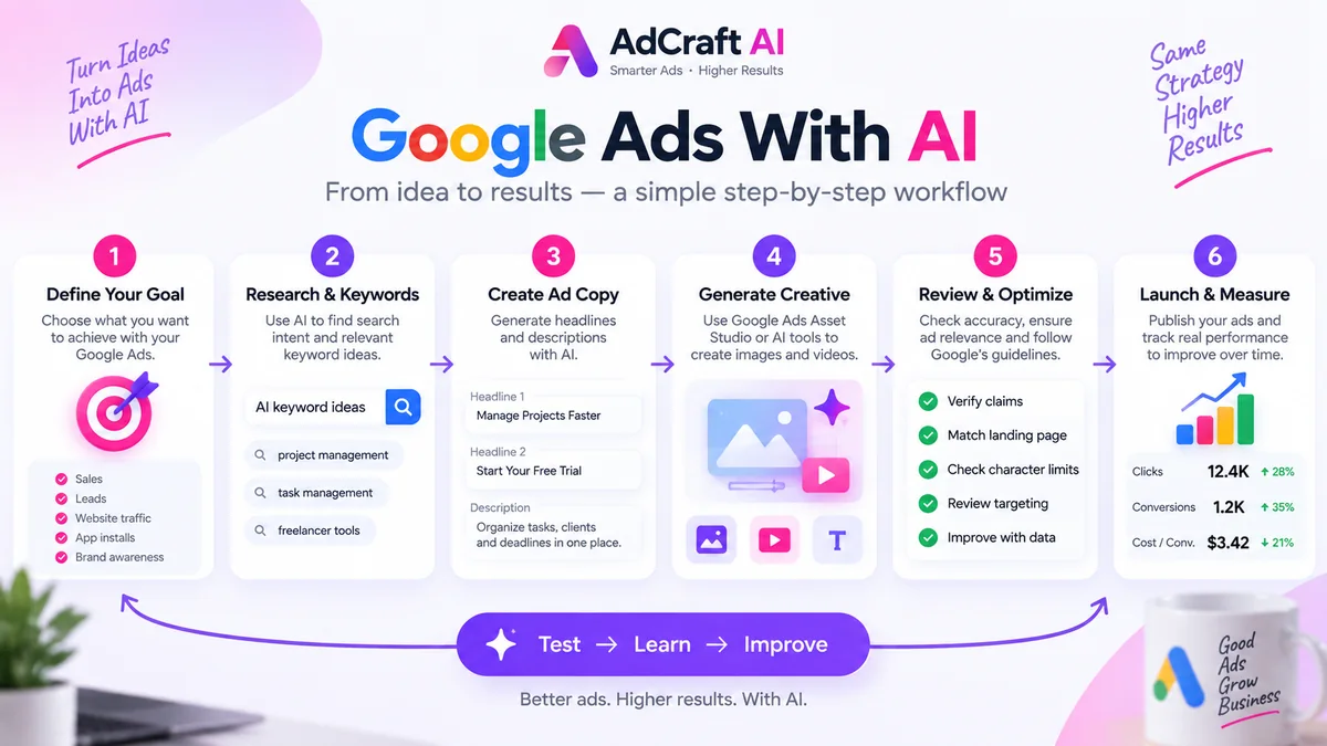 Google Ads with AI workflow from campaign goal to testing