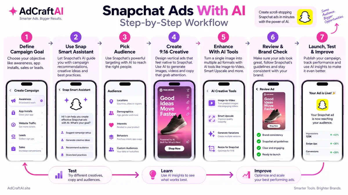 Snapchat Ads with AI workflow from campaign goal to testing