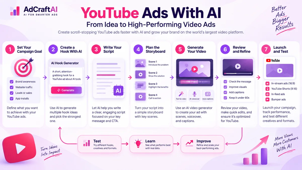 YouTube ads with AI workflow from campaign goal to testing