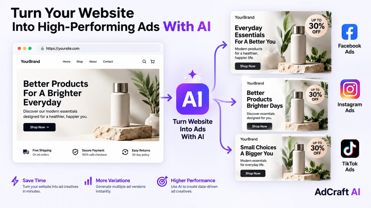 Example AI Instant Ads dashboard turning a website URL into multiple advertising creatives