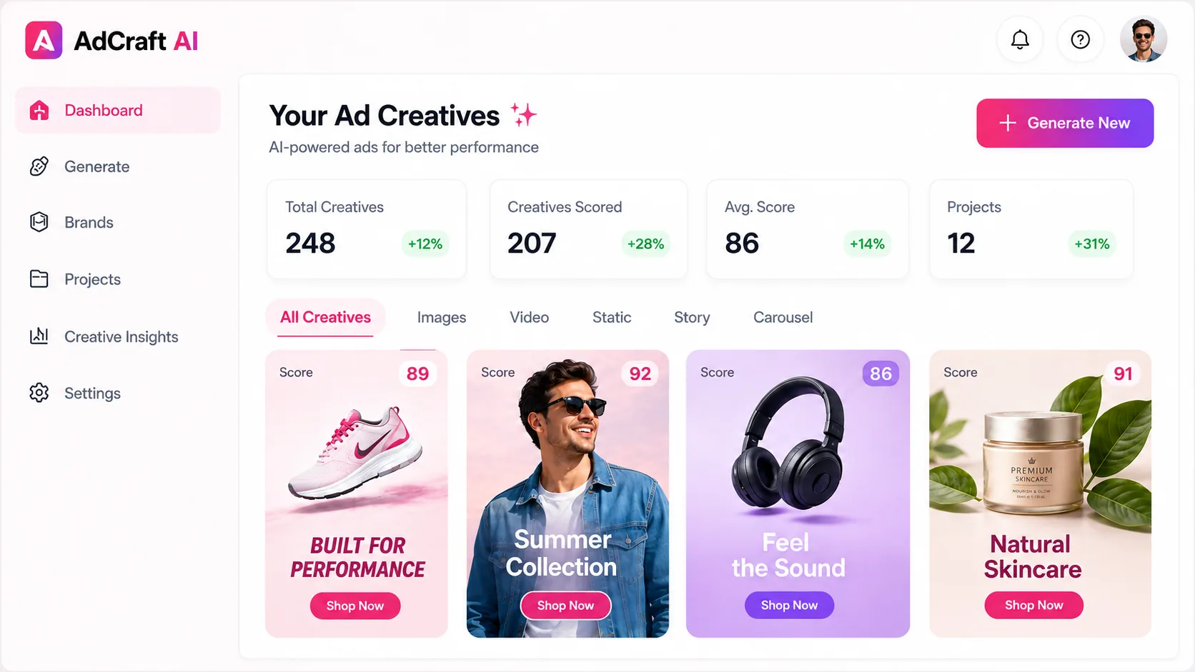 AI advertising generator dashboard showing multiple ad creatives