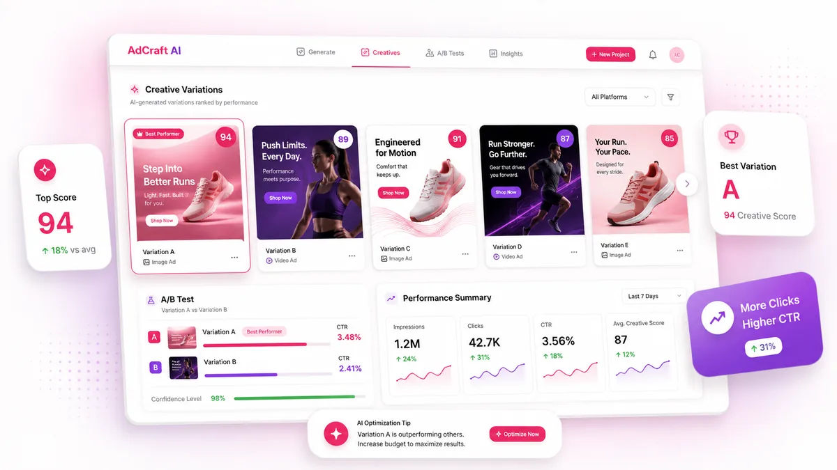 AI ad creative variations and performance testing dashboard